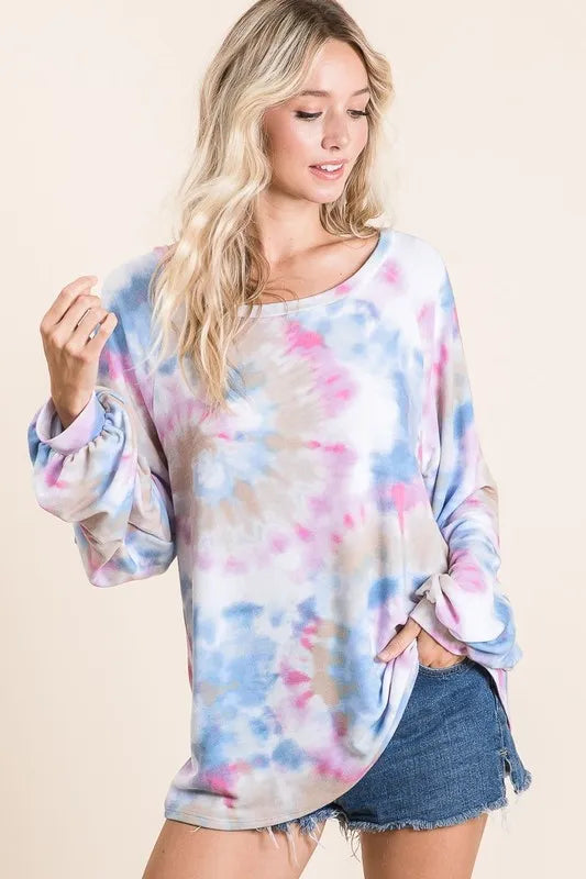 Tie Dye Print Terry Top With Puff  Sleeves