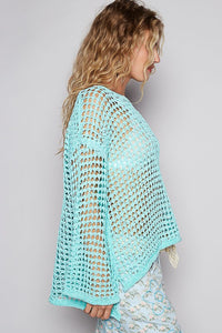 POL Side Slit Openwork Long Sleeve Knit Cover Up