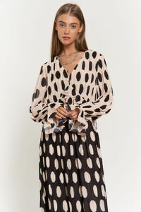 Davi & Dani Polka Dot Ruffled Long Sleeve Pleated Maxi Dress