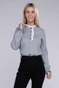 Nuvi Apparel Lace Ruffle Trim Neck Knit Blouse