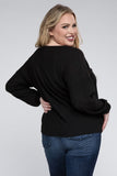 ZENANA Plus Brushed Waffle V-Neck Button Detail Sweater