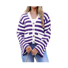 Load image into Gallery viewer, Striped Cardigan Sweater, Purple and White, LARGE, 1BB-137T005