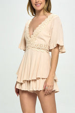 Load image into Gallery viewer, One and Only Collective Inc Flutter Sleeved Short Romper with Crochet Trim