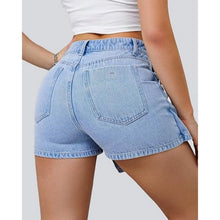 Load image into Gallery viewer, High Waisted Solid Button Up Asymmetrical Denim Shorts, LARGE, 6H-169B002