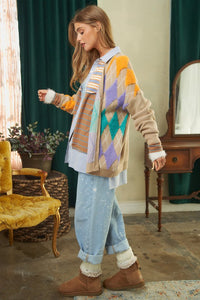 Davi & Dani Plush Argyle Button Front Loose Fit Knit Cardigan