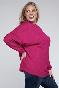 ZENANA Plus Oversized Round Neck Raw Seam Melange Sweater