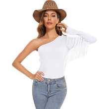 Load image into Gallery viewer, Fringe Trim One Shoulder Long Sleeve Body Suit Top, XL, 3G-193T003