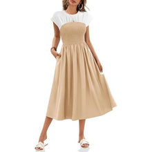 Load image into Gallery viewer, Smocked Cap Sleeve Crew Neck A Line Flowy Dress, BLUE, SMALL, 8I-146D001