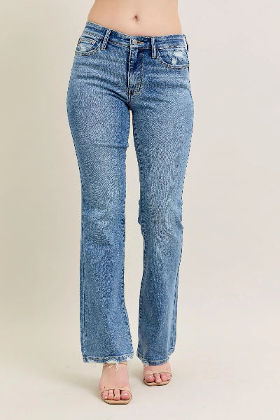 Mid Rise Wash Destroy Hem Bootcut Jeans front