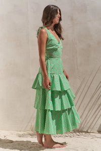 Sleeveless Gingham Print Tiered Midi Dress Side