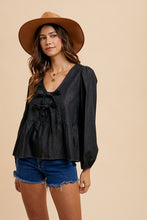 Load image into Gallery viewer, Annie Wear Tie Front Peplum Long Sleeve Denim Top