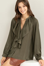 Load image into Gallery viewer, HYFVE TRY TO KEEP UP LONG SLEEVE RUFFLED BLOUSE