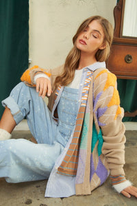 Davi & Dani Plush Argyle Button Front Loose Fit Knit Cardigan