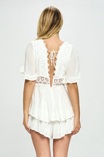 Load image into Gallery viewer, One and Only Collective Inc Flutter Sleeved Short Romper with Crochet Trim