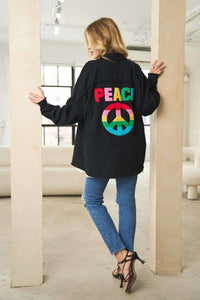 Davi & Dani MULTI COLOR LETTERING PEACE SYMBOL BUTTON UP SHIRT