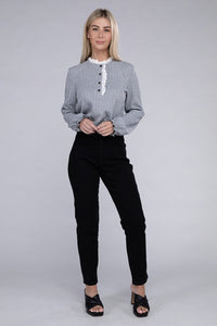 Nuvi Apparel Lace Ruffle Trim Neck Knit Blouse