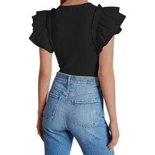 Load image into Gallery viewer, V Neck Ruffle Short Sleeve Ribbed Bodysuit Top, XL, 22L-197T001
