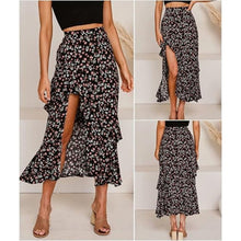 Load image into Gallery viewer, Boho Floral Elastic Waist Split Ruffle High Low Maxi Skirt, SMALL, 6J-169B001