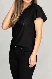 Nuvi Apparel Embroidered eyelet blouse with ruffle