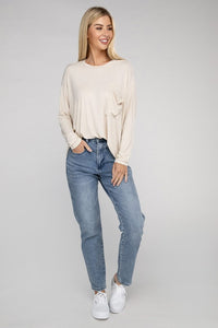 ZENANA Washed Ribbed Dolman Sleeve Round Neck Top