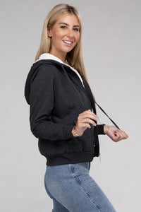 Ambiance Apparel Fuzzy Trim Zip-Up Crop Hoodie