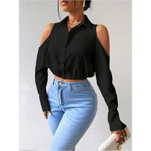 Load image into Gallery viewer, Cold Shoulder Button Down Collared Cropped Blouse, XXL, 22I-196T004