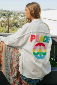 Davi & Dani MULTI COLOR LETTERING PEACE SYMBOL BUTTON UP SHIRT