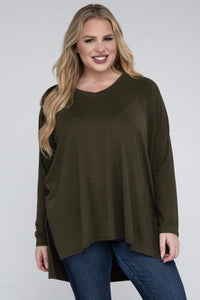 ZENANA Plus Dolman Sleeve V-Neck Side Slit Hi-Low Hem Top