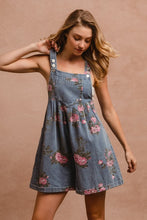 Load image into Gallery viewer, BiBi Flower Printed Wide Strap Denim Overalls