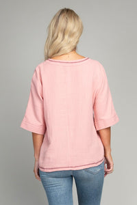 Nuvi Apparel Pocket v neck top with contrast stitch