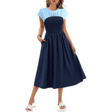Load image into Gallery viewer, Smocked Cap Sleeve Crew Neck A Line Flowy Dress, BLUE, SMALL, 8I-146D001