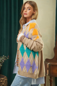Davi & Dani Plush Argyle Button Front Loose Fit Knit Cardigan