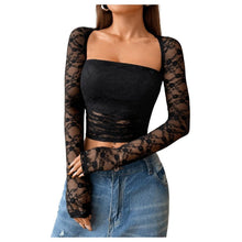 Load image into Gallery viewer, Lace Sheer Mesh Ruched Square Neck Long Sleeve Crop Top, XS, 15C-194T004