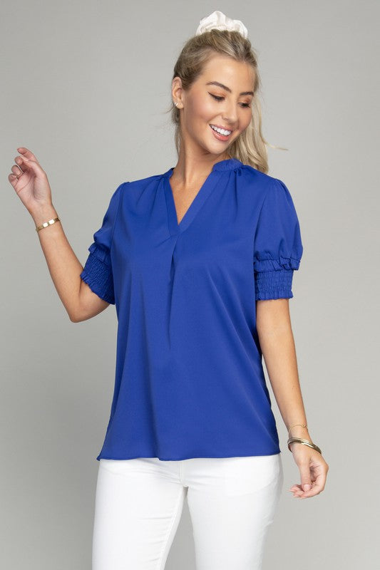 Nuvi Apparel Stand collar blouse with puff sleeve