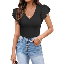 Load image into Gallery viewer, V Neck Ruffle Short Sleeve Ribbed Bodysuit Top, XL, 22L-197T001