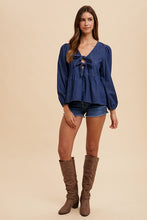 Load image into Gallery viewer, Annie Wear Tie Front Peplum Long Sleeve Denim Top