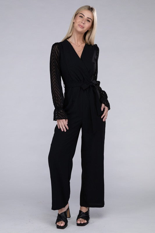 Nuvi Apparel Sheer sleeve and Wide leg Jumpsuit