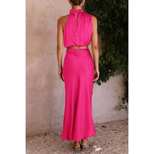 Load image into Gallery viewer, 2 Piece Satin Sleeveless Mock Neck Crop Tops and Long Skirt, SZ L , 4I-147SET001