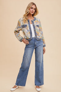 Annie Wear Floral Jacquard Denim Contrast Button Down Jacket