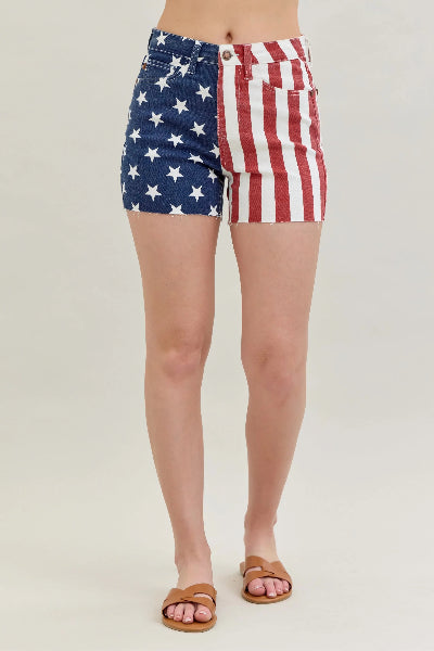  High Waist Americana Flag Fray Hem Shorts Front