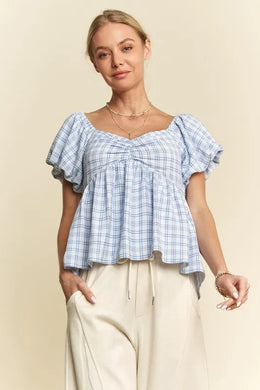 Plaid Puff Sleeves Ruffled Smocked Blouse Front