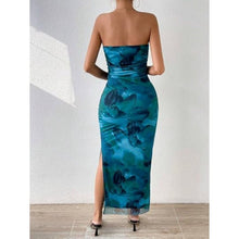 Load image into Gallery viewer, Printed Strapless Bodycon Side Slit Mesh Layered Dress, sz xs, 4H-143D017