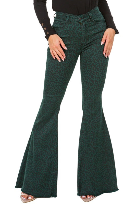 GJG Denim Leopard Bell Bottom Jean in Pine Green