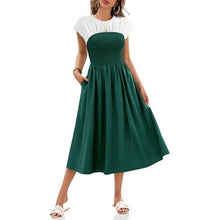 Load image into Gallery viewer, Smocked Cap Sleeve Crew Neck A Line Flowy Dress, BLUE, SMALL, 8I-146D001