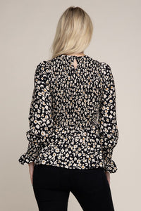 Nuvi Apparel Allover Floral Shirred Peplum Blouse