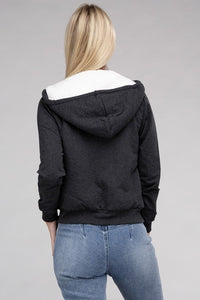 Ambiance Apparel Fuzzy Trim Zip-Up Crop Hoodie