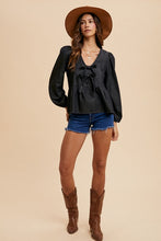 Load image into Gallery viewer, Annie Wear Tie Front Peplum Long Sleeve Denim Top