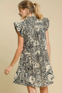 Printed Ruffle Cap Sleeve Babydoll Dress Back