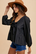 Load image into Gallery viewer, Annie Wear Tie Front Peplum Long Sleeve Denim Top