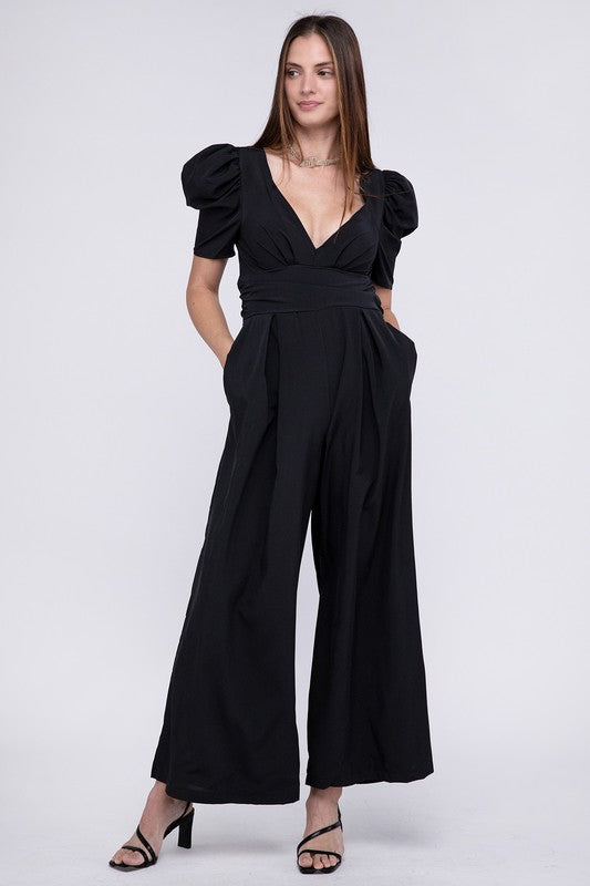 Nuvi Apparel V Neck Puff Sleevw Jumpsuit